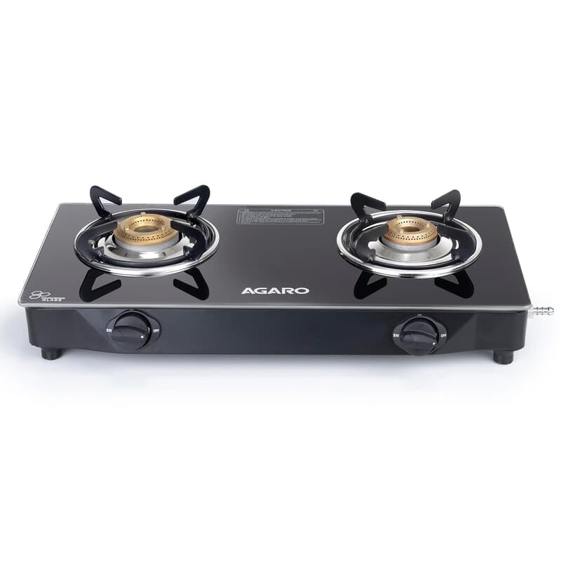 AGARO Elite 2 Burners Gas Stove, Toughened Glass Top, Round Brass Burners, 1 Small & 1 Medium Size Burner