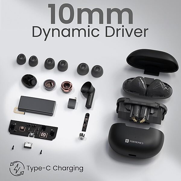 Portronics Harmonics Twins 32 TWS Earbuds – In‑Ear | Bluetooth 5.4 | HD Mic | Up to 30 Hr Playback | Touch Control | Low Latency | IPX5 Water Resistant | Type‑C Fast Charging (White)