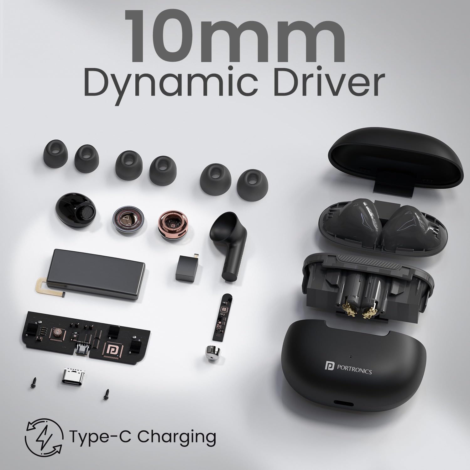 Portronics Harmonics Twins 32 TWS Earbuds – In‑Ear | Bluetooth 5.4 | HD Mic | Up to 30 Hr Playback | Touch Control | Low Latency | IPX5 Water Resistant | Type‑C Fast Charging (White)