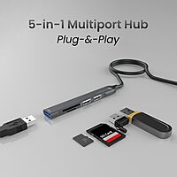 Portronics Mport 31 Plus – 5-in-1 USB Hub, Dual Plugs, compact design, supports multiple devices, high-speed data transfer, ideal for laptops and desktops, enhances connectivity options.