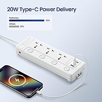 Portronics Power Plate 18 – Features 3 AC sockets, USB-A and USB-C ports, delivering up to 1500W. Ideal for charging multiple devices simultaneously, compact design for home or office use.
