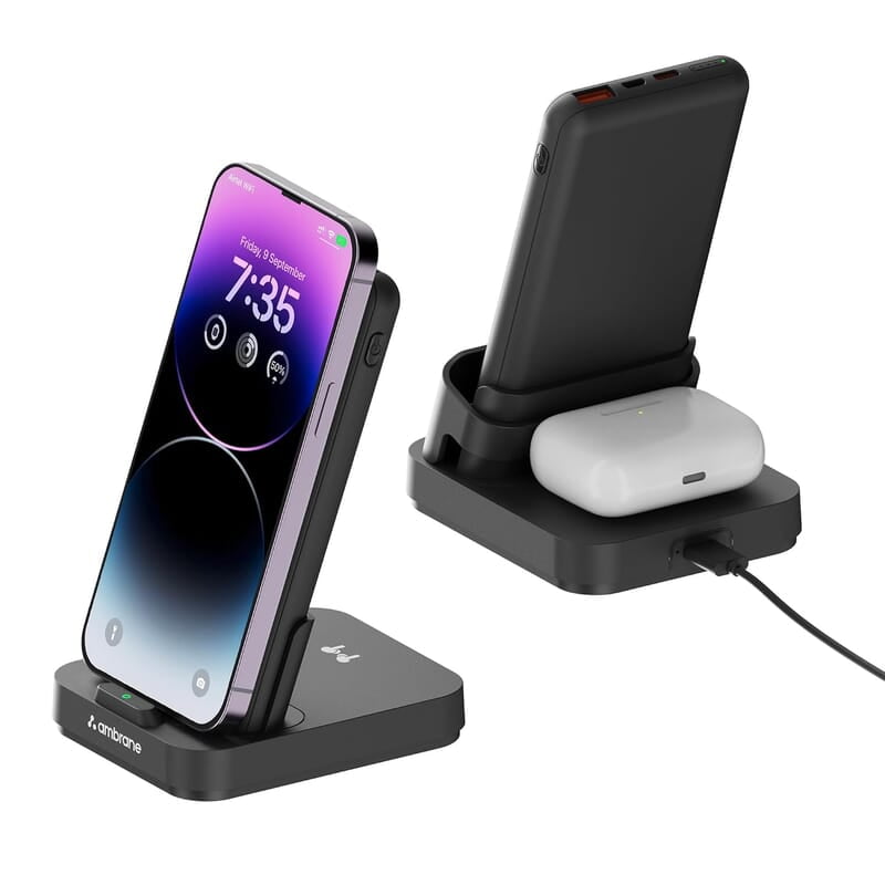 Ambrane 4 in 1 Wireless Charging 10000mAh Power Bank 22.5W Fast Charging, USB & Type C Output, Power Delivery, Quick Charge for iPhone, Android & Other Devices Aerosync Quad