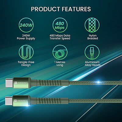 Portronics Konnect X – 240W Type-C Cable, 1M Green, fast charging, durable design, high-speed data transfer, compatible with various devices, perfect for home and office use, tangle-free.