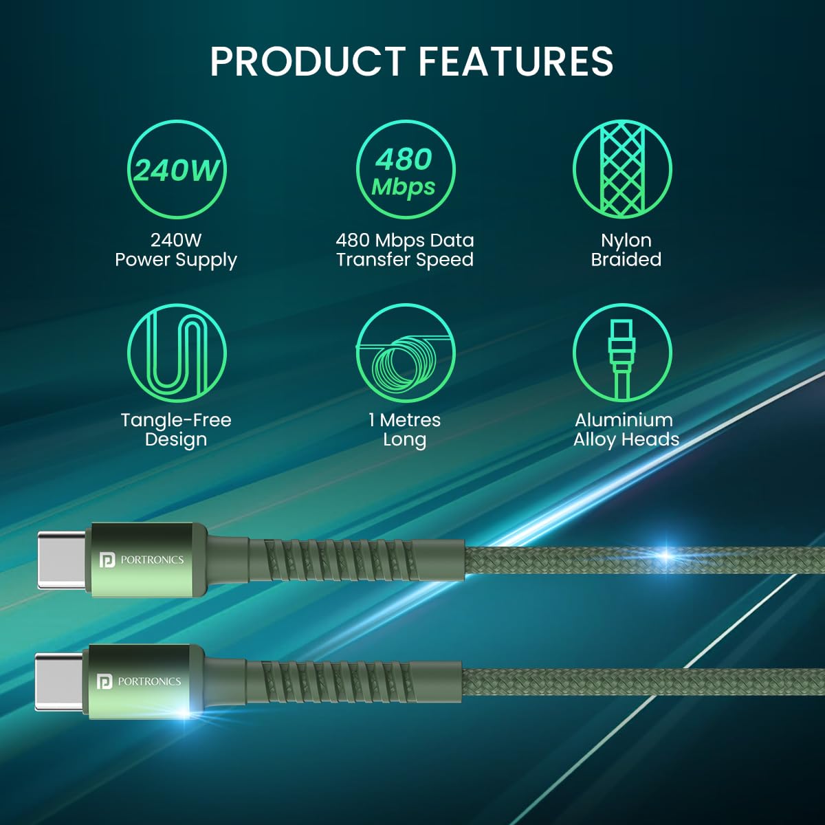 Portronics Konnect X – 240W Type-C Cable, 1M Green, fast charging, durable design, high-speed data transfer, compatible with various devices, perfect for home and office use, tangle-free.