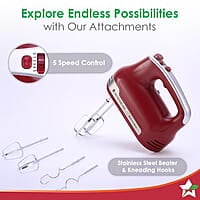 Wonderchef Crimson Edge 5 Speed Electric Hand Mixer 300W  SS Whisk Beaters and Dough Hooks