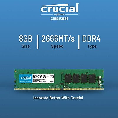Crucial Basics 8GB DDR4 1.2v 2666Mhz CL19 UDIMM RAM Memory Module for Desktop, Green Crucial Basics 8GB DDR4 1.2v 2666Mhz CL19 UDIMM RAM Memory Module for Desktop, Green