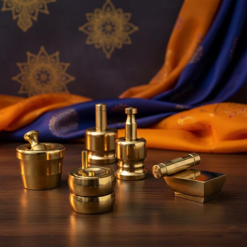 Tamil Nadu Artisans Solid Brass Gowramma | Gowri | Varalakshmi Pooja Set | 5 Pcs, 650 Grams | House warming & New beginning gift set.