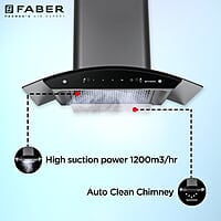 Faber 75 cm, 1200 m³/hr,Auto-Clean curved glass Kitchen Chimney (HOOD SUNNY HC SC BK 75, Filterless technology