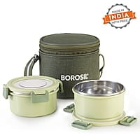 Borosil Glory Green Stainless Steel Lunchbox with Bag | 3 pcs Container Set (280 ml Each) | Microwavable Tiffin