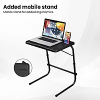 Portronics Buddy F is a versatile movable laptop table in sleek black. Perfect for working from home, it offers adjustable height and angle, ensuring comfort and convenience for all your tasks.
