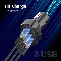Portronics 17W Triple Output Car Charger USB Adapter for Cars & Mobile Phones Black