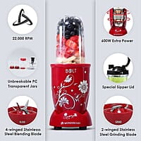 Wonderchef Nutri-blend BOLT Food Processor & Atta Kneader 600W 22000 RPM 4 unbreakable jars with Sipper lid Red