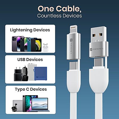 Portronics Keylink 4-in-1 Keychain Cable – 25cm USB, Type-C & Micro-USB for Compact On-the-Go Charging