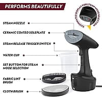 Borosil Handheld Digital Garment Steamer, Horizontal & Vertical Use, 1600W Fast Heating, Steam Nozzle, 200 ml Water Tank, Detachable Fabric Brush, Lint Brush, for Silk, Nylon, Rayon, Wool, Cotton