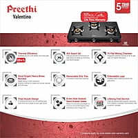 Preethi Valentino Glass top 3 Burner Gas Stove, Manual Ignition, Black ISI Approved