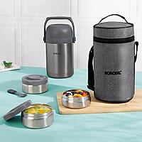 Borosil Hot-N-Fresh Prime Stainless Steel Insulated Lunch Box, Keeps Food Warm Upto 8 Hours, Set of 3 (1 Pc 420 ml + 2 Pcs 350 ml), Grey
