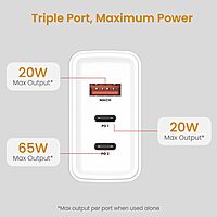 Portronics Adapto 65M 65W Triple Port GaN Fast Charger | Dual Type-C PD + USB-A White