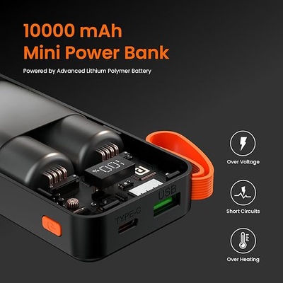 Portronics Ampbox 10K 10000 mAh Nano Power Bank with 22.5W,Type C Input, Wake Up Button(Black)