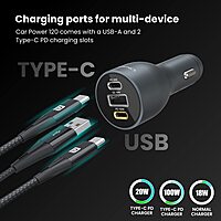 Portronics 120W Car Charger | 3-Port Fast Charging + PD | Charge multiple devices quickly | Compact design | Ideal for road trips | Compatible with various devices | Safe and efficient charging.
