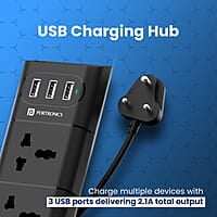 Portronics Power Plate II Extension Board - 1500W - 3 USB Ports, 3 Power Sockets, Overload Protection