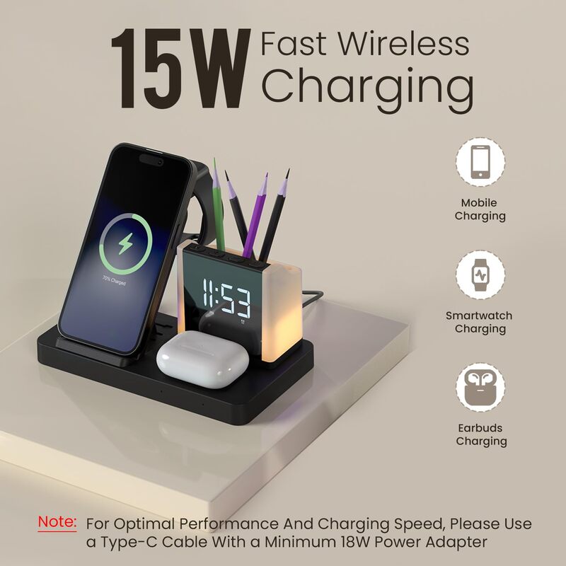 Portronics HexaCharge 6-in-1 Magnetic Wireless Charger – 15W | iPhone 12–15 | LED Lamp | Black