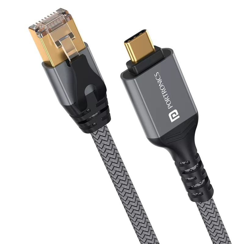 Portronics Ether C Type-C to RJ45 Cat6 Ethernet Cable – 2M |Metal Heads | 1000 Mbps | Zebra