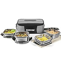 Borosil Feast Stainless Steel Lunch Box with Bag | Set of 4 (400 ml x 2 + 250 ml x 2), Square