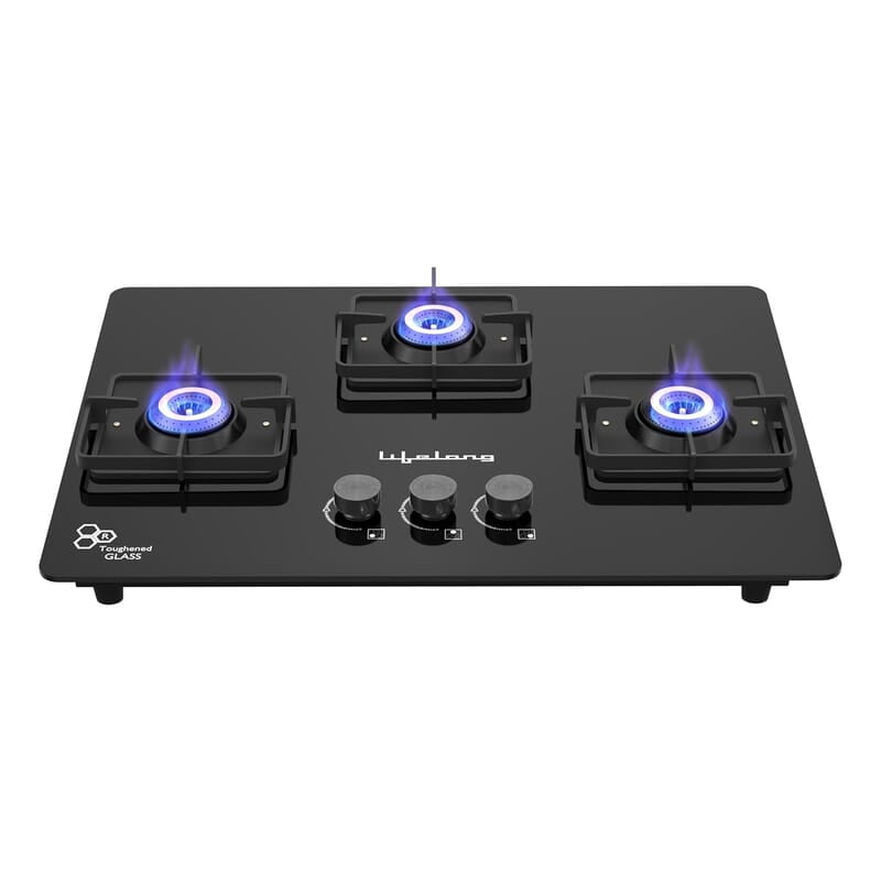 Lifelong 3 Gas Burner Top - 3 Burners Hob Top Gas Stove with Automatic Ignition - Toughened Glass top Gas Stove