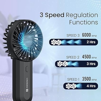 Portronics DualBreeze Handheld Mini Portable Fan With Dual Fan Technology, Upto 4 Hours Playtime, 3 Speed, Low Noise, Rechargeable Fan Ideal for Indoor,Outdoor,Home,Office,Kitchen,Makeup & Travel Use Portronics DualBreeze Handheld Mini Portable Fan With Dual Fan Technology, Upto 4 Hours Playtime, 3 Speed, Low Noise, Rechargeable Fan Ideal for Indoor,Outdoor,Home,Office,Kitchen,Makeup & Travel Use
