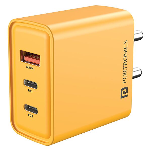 Portronics Adapto 65M 65W Triple Port GaN Fast Charger | Dual Type-C PD + USB-A Yellow