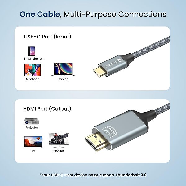 Portronics Vision C – Type-C to HDMI 4K Cable, 1.8M, offers 4K video output. Ideal for laptops, tablets, and smartphones.