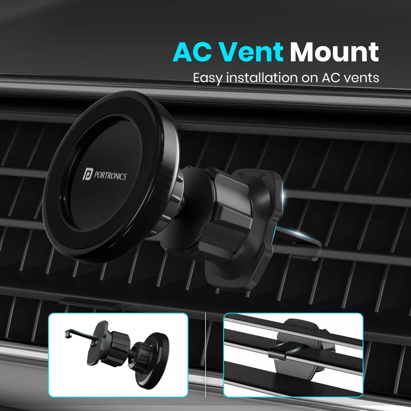 Portronics Mogun 4 – Magnetic Car Mount, AC Vent Grip, offers a secure hold for your smartphone while driving. Easy to install, it ensures hands-free navigation and calls, enhancing road safety.