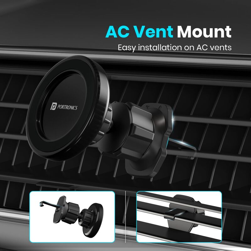 Portronics Mogun 4 – Magnetic Car Mount, AC Vent Grip, offers a secure hold for your smartphone while driving. Easy to install, it ensures hands-free navigation and calls, enhancing road safety.