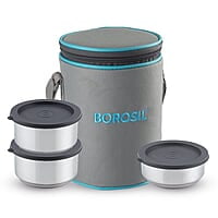 Borosil Carry Fresh Prime Stainless Steel Luncboxes with Carry Bag, Set of 3 (280 ml x 2, 180 ml x 1)