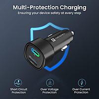 Portronics 30W Dual Output Car Charger Type-C PD & USB Fast Charging with LED Indicator Black