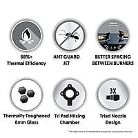 Preethi Alya Glass Top 3 Burner Gas Stove, Manual Ignition