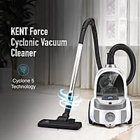 KENT Force Cyclonic Vacuum Cleaner KSL 160  2000W Washable HEPA Filter  Low Noise Rubberized Wheels Multiple Accessories Bagless Design Auto Cord Retractor White/Silver