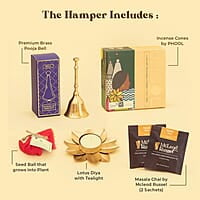 Eat Better Co Samriddhi Gift Hamper with Laxmi Design for Diwali - 11 Item Gift Pack - Dry Fruit Laddoos, Chocolate Coated Nuts with Phool Incense Cones, Golden Bell & Lanten Diya | Diwali Gifting Box