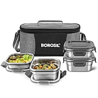 Borosil Feast Stainless Steel Lunch Box with Bag | Set of 4 (400 ml x 2 + 250 ml x 2), Square