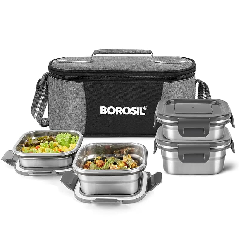 Borosil Feast Stainless Steel Lunch Box with Bag | Set of 4 (400 ml x 2 + 250 ml x 2), Square