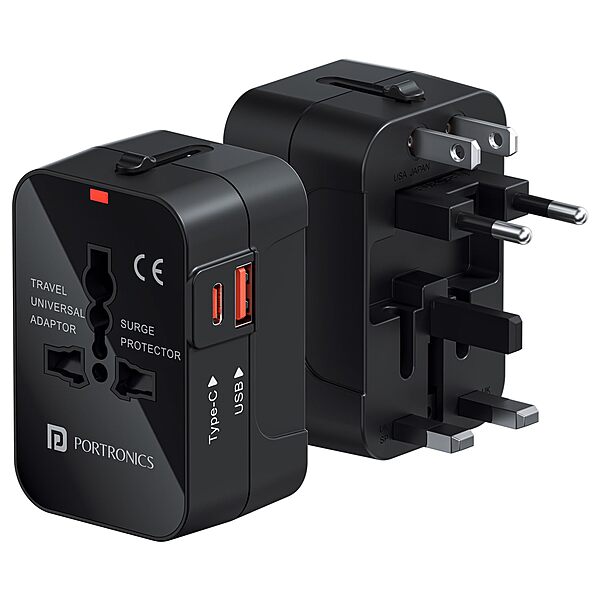 Portronics Juicemate Universal Travel Adapter – 20W PD Type-C & 18W USB-A | Black