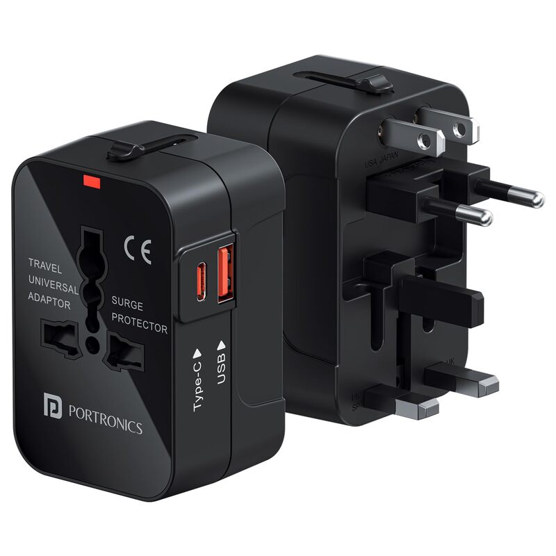 Portronics Juicemate Universal Travel Adapter – 20W PD Type-C & 18W USB-A | Black
