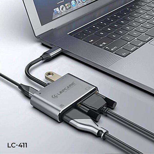 Lapcare LC‑411 Lap‑C 4‑in‑1 docking station: USB 3.0 port, USB‑C PD passthrough, HDMI & VGA video output, plug‑and‑play, lightweight aluminium build.