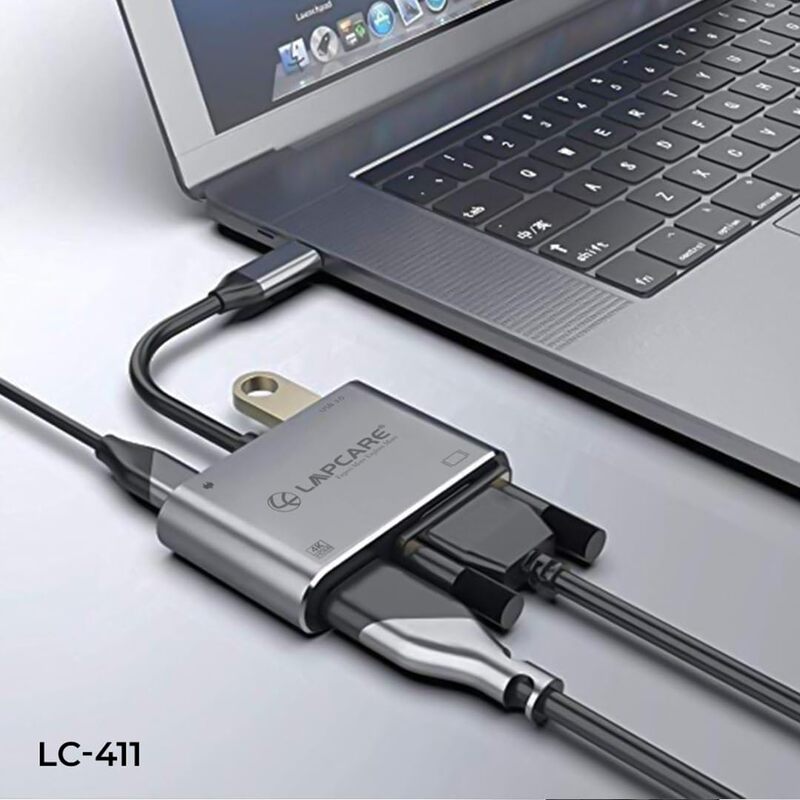 Lapcare LC‑411 Lap‑C 4‑in‑1 docking station: USB 3.0 port, USB‑C PD passthrough, HDMI & VGA video output, plug‑and‑play, lightweight aluminium build.