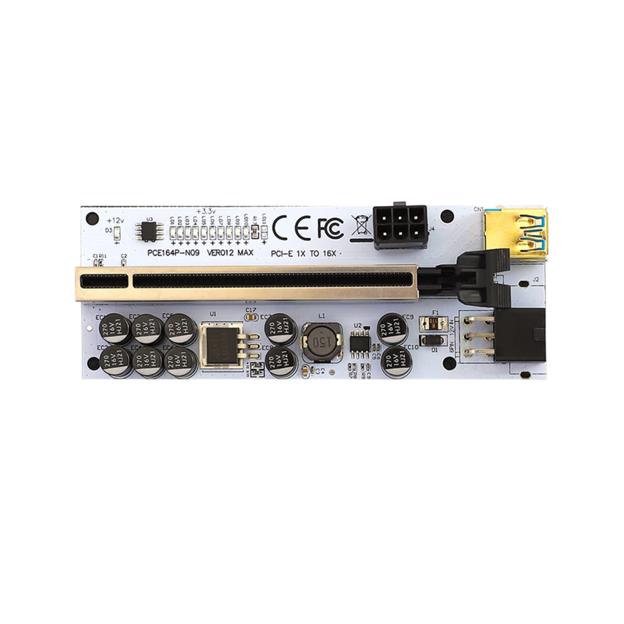 โGeonix PCI-E 1X to 16X Riser Card, 10 Capacitors, 11 LED Indicators, SATA Power Cable (20cm), USB Cable (60cm) - PCE164P-N09 VER012 MAX โGeonix PCI-E 1X to 16X Riser Card, 10 Capacitors, 11 LED Indicators, SATA Power Cable (20cm), USB Cable (60cm) - PCE164P-N09 VER012 MAX