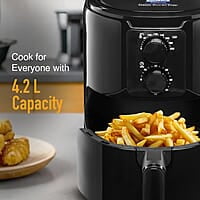 KENT Classic Plus Air Fryer | 1300W Power & 4.2L Capacity | Vapour Steam for Crisp Frying, Grill, Roast, Steam & Bake | Auto Cut-Off | 80% Less Oil | High Temperature & Uniform Heating | Black
