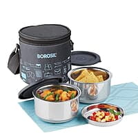 Borosil - Carry Fresh Stainless Steel Insulated Lunch Box Set of 2, 280ml, Grey