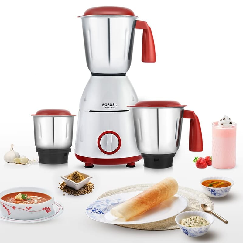 Borosil Best Mixer Grinder, For Wet/Dry Mixing & Grinding, 500 Watts, 3 Jars (400 ml Chutney Jar, 1.5 L Blending Jar, 1 L Grinding Jar), Mixie For Kitchen