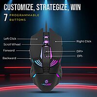 Lapcare Champ LGM-105 Gaming Mouse – Adjustable 3600 DPI | 6 Programmable Buttons | RGB Backlighting | 1 ms Polling Rate | Braided USB Cable | PC & Laptop Gaming Mouse