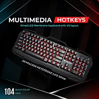 Lapcare LGC‑222 Fighter Champ combo: LED membrane keyboard (50 M keystrokes) + ergonomic 7-button mouse (up to 3600 DPI, 603EP sensor, braided cable).